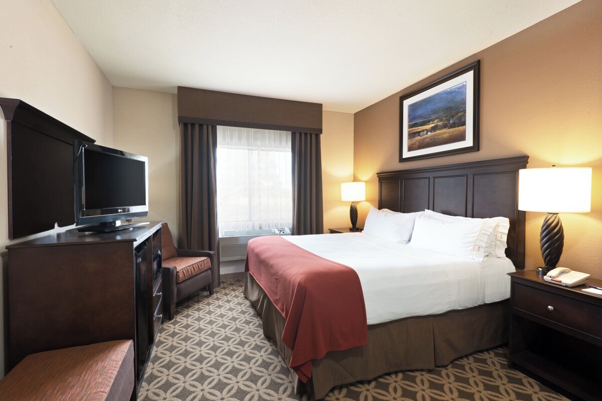 A hotel room with a bed, a desk with a television, a chair, a window with curtains, a bedside lamp, and a painting on the wall.