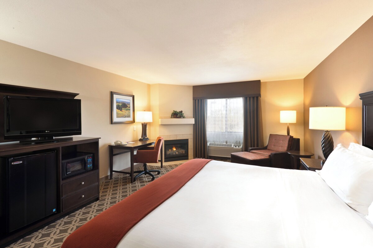 A hotel room with a bed, a desk, a television, a fireplace, and two chairs.