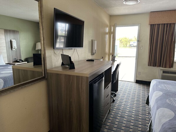 1 bedroom, desk, blackout drapes, iron/ironing board