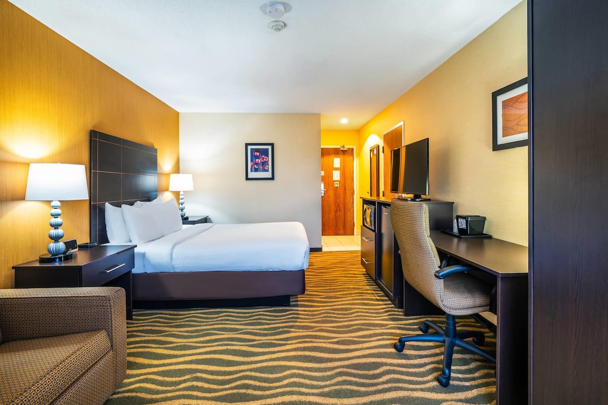 A hotel room with a bed, two bedside lamps, a desk with a chair, a television, and a patterned carpet.