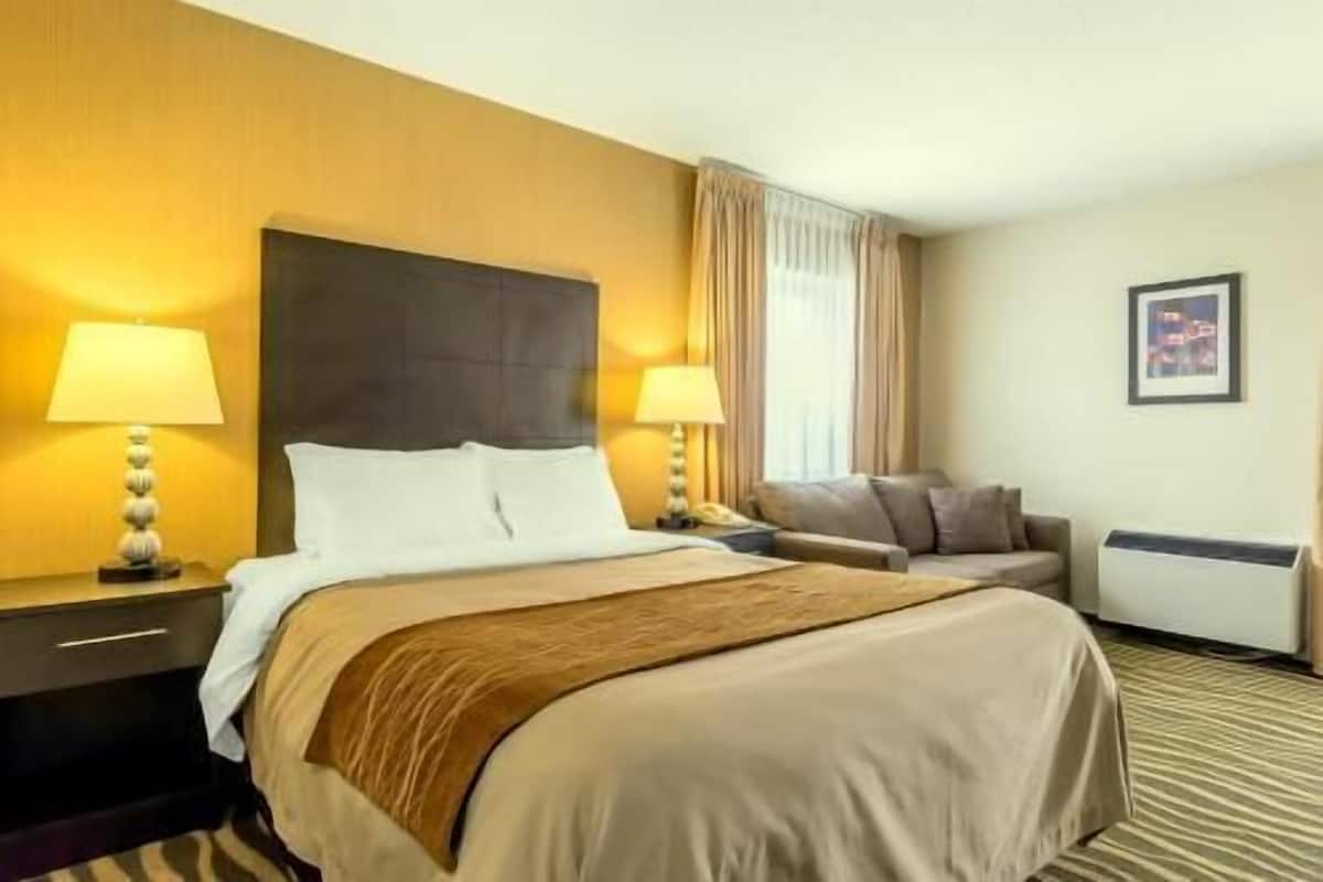 A hotel room with a bed, two bedside lamps, a sofa, a wall-mounted air conditioner, and a framed picture.