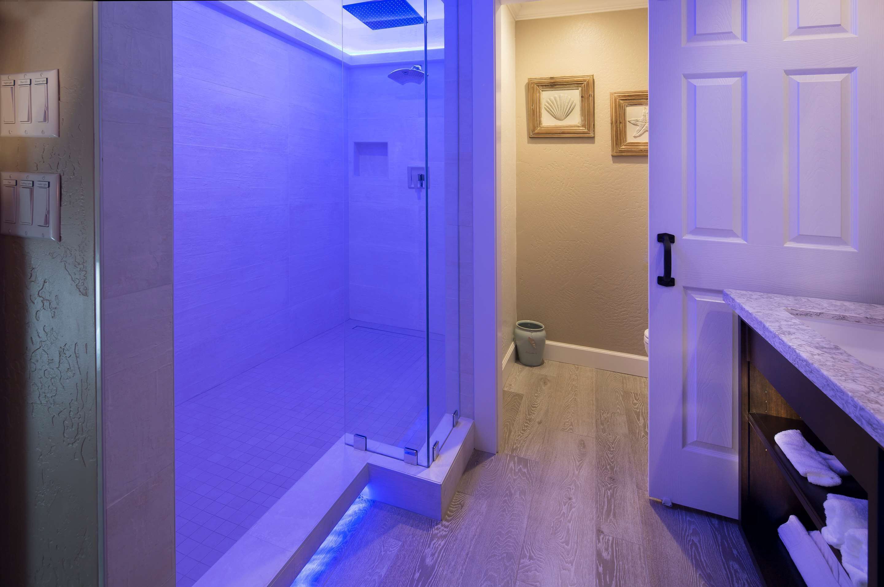 Un baño moderno con ducha de vidrio, tocador de madera y puerta que da a otra habitación.