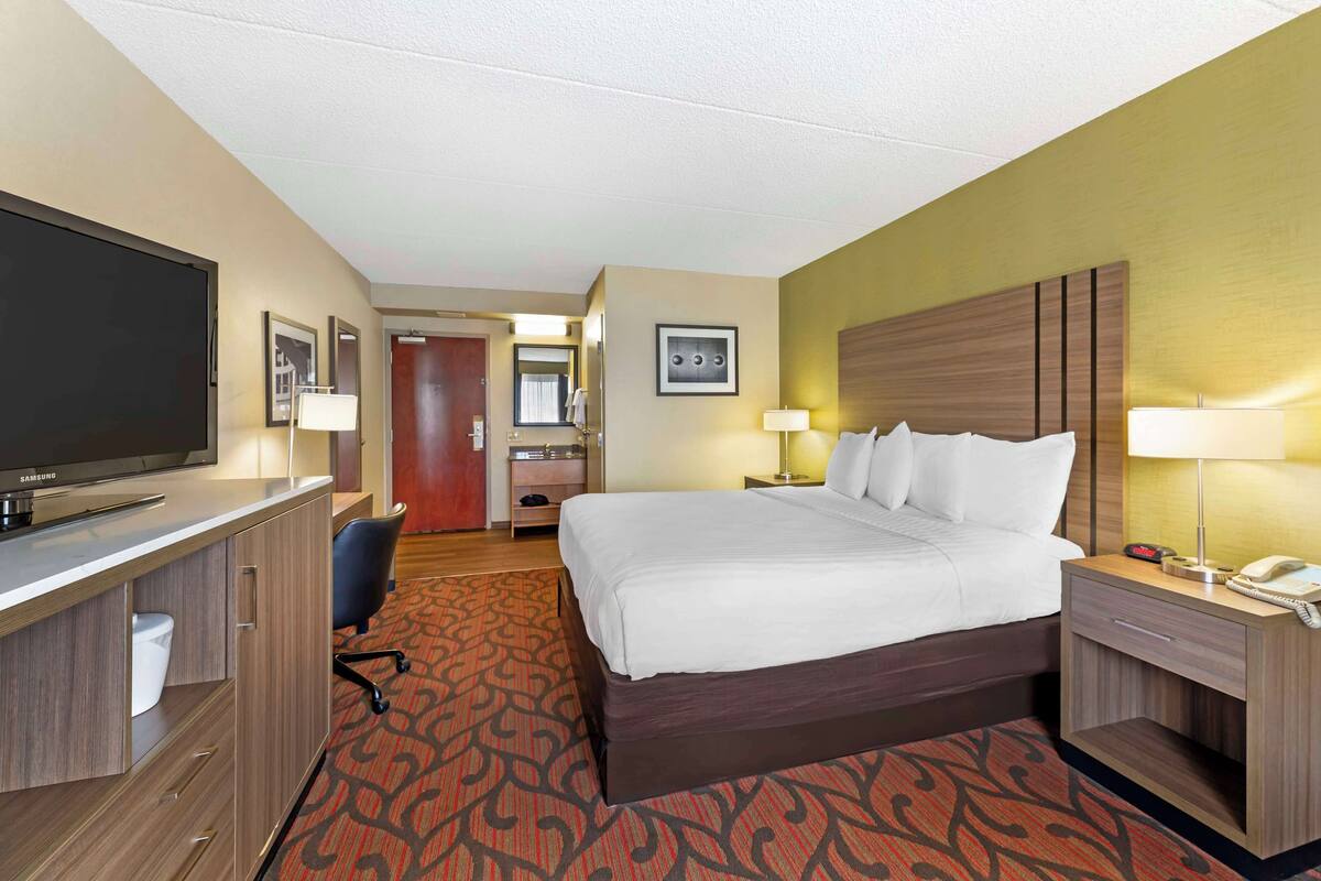A hotel room with a bed, bedside table, lamp, desk with a television, and a carpeted floor.