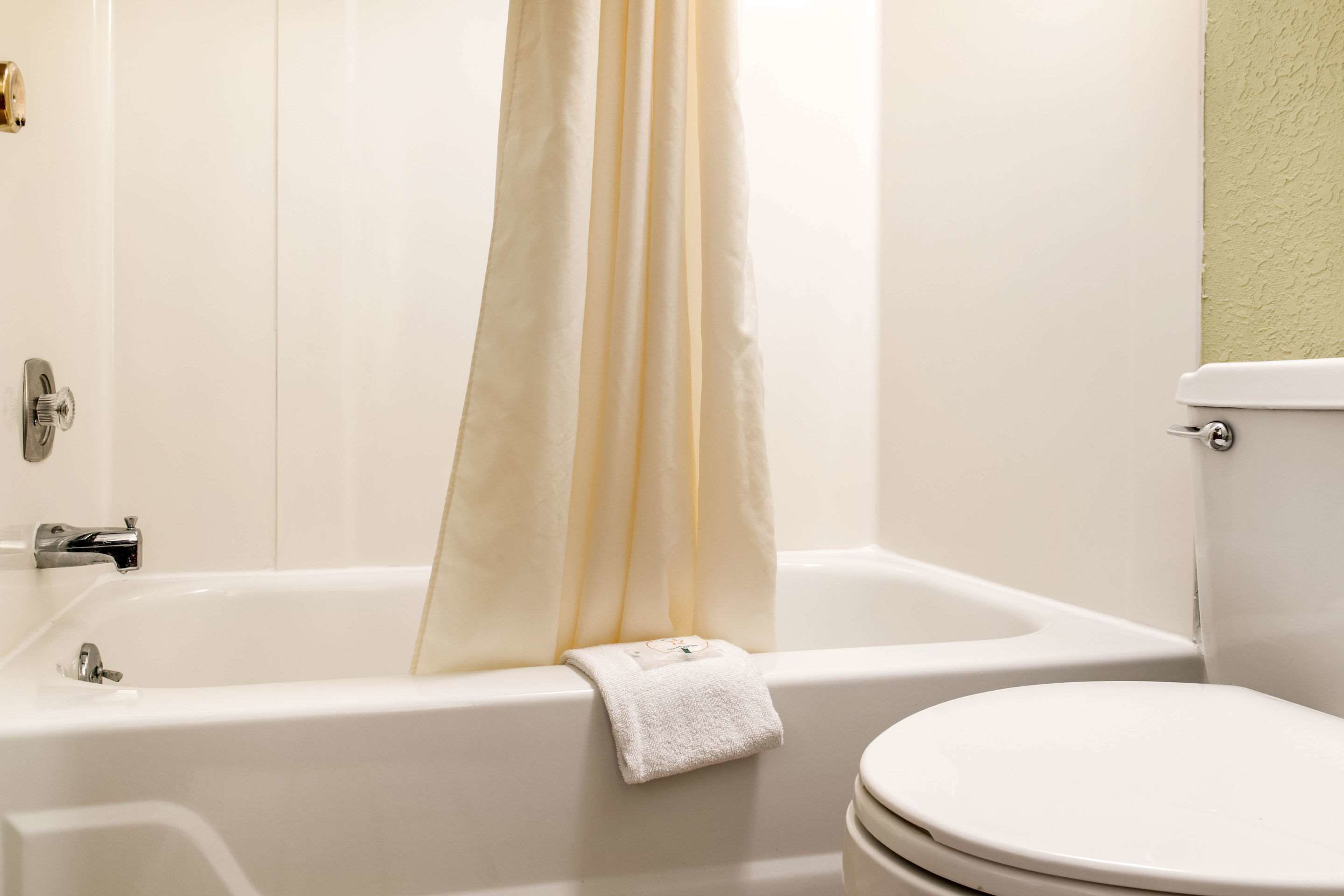 A bathroom with a bathtub, a toilet, and a shower curtain.