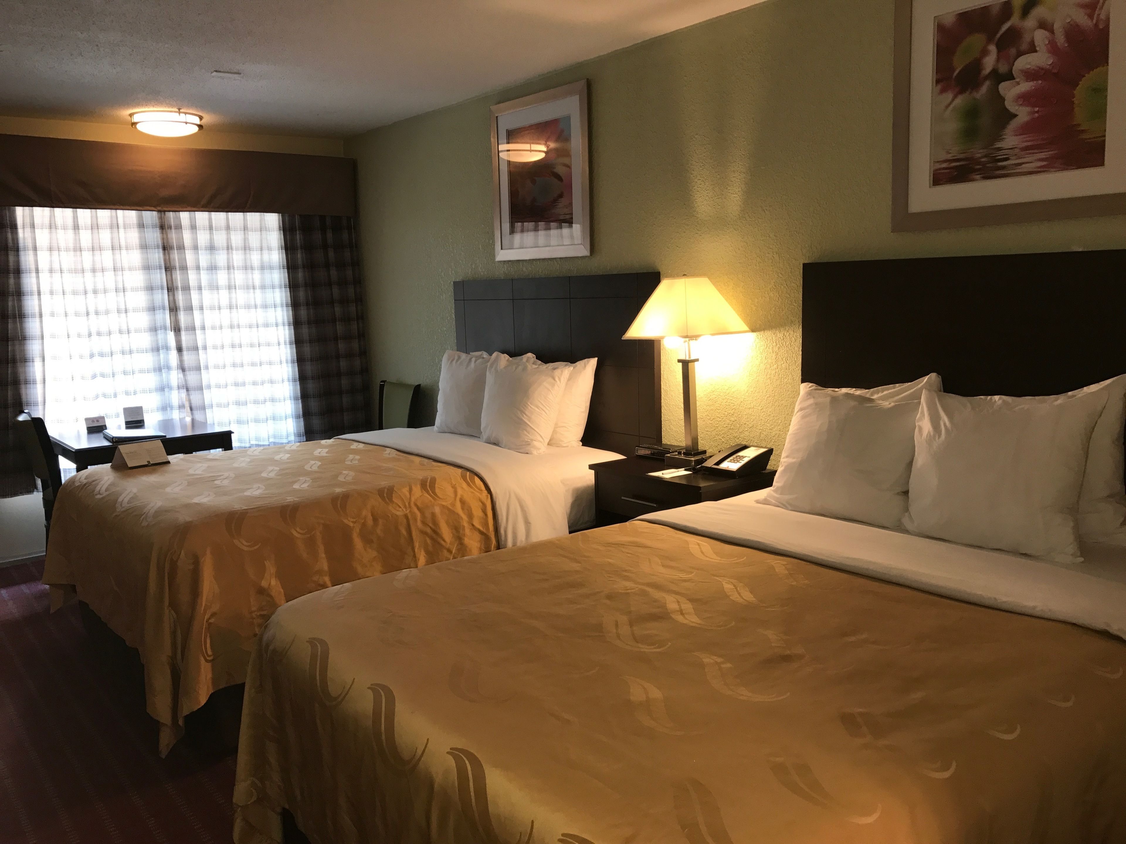 Habitación de hotel con dos camas, un escritorio, una silla, una lámpara y un cuadro en la pared.