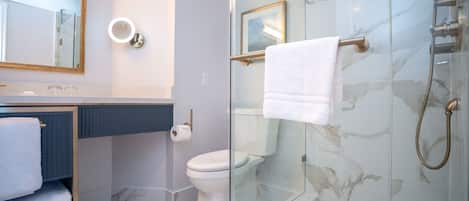 A modern bathroom with a glass-enclosed shower, a toilet, and a sink with a towel rack.