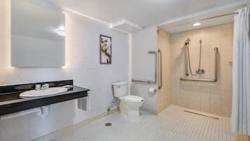 Un baño moderno con un espejo grande, un lavabo, inodoro y ducha a ras de suelo con barras de apoyo.