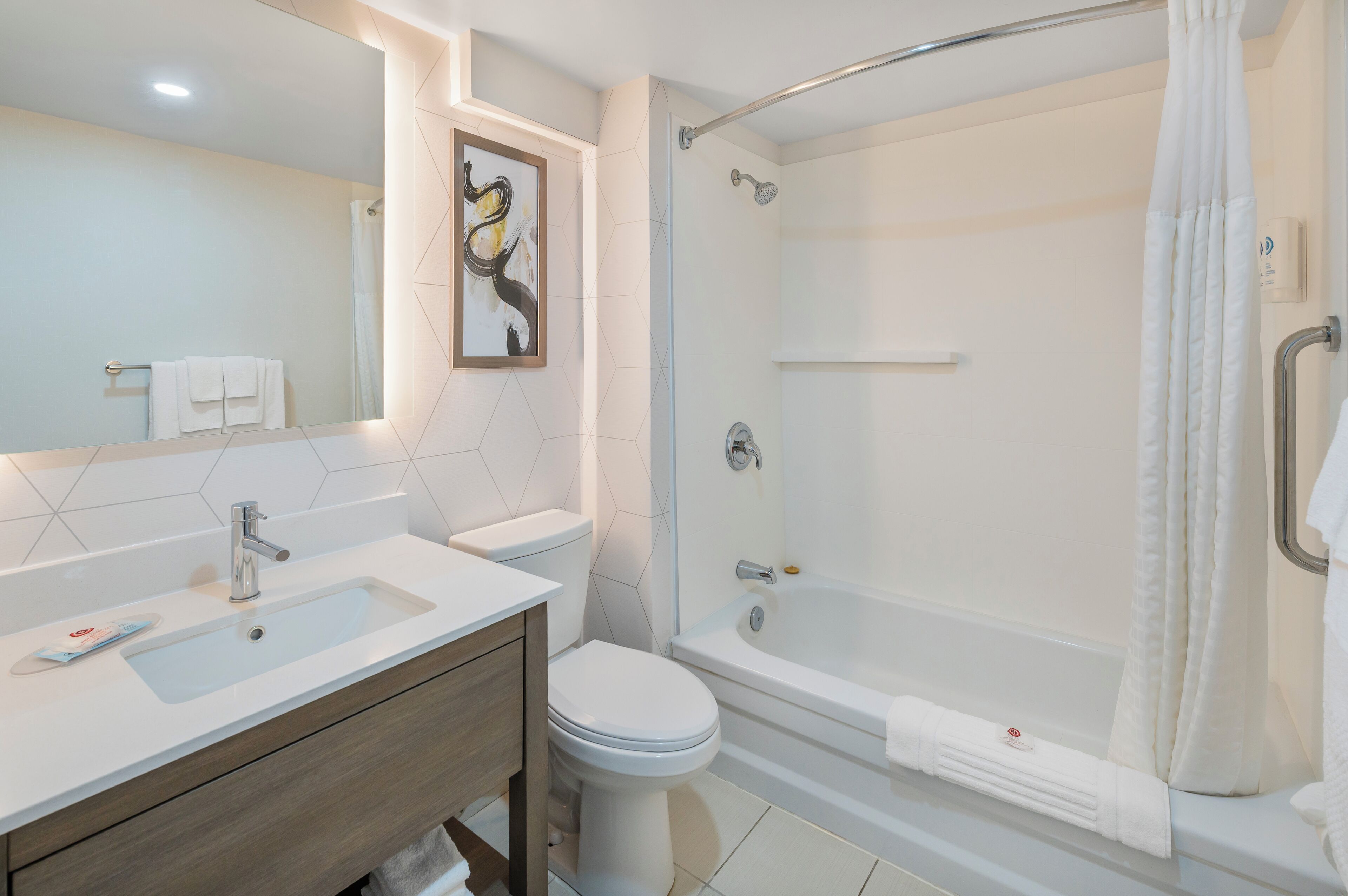 Une salle de bain moderne équipée d’un lavabo, de toilettes et d’une douche.