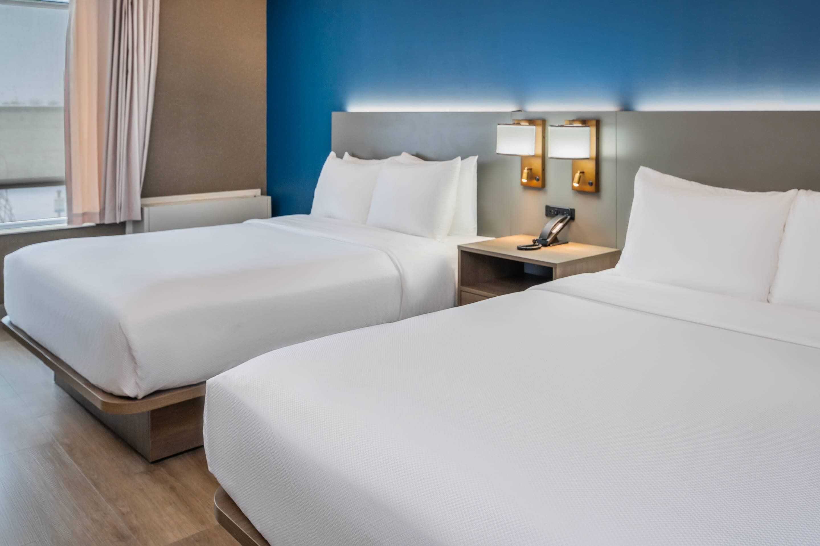 Two adjacent hotel beds with white linens, a nightstand with a lamp, and a blue accent wall.