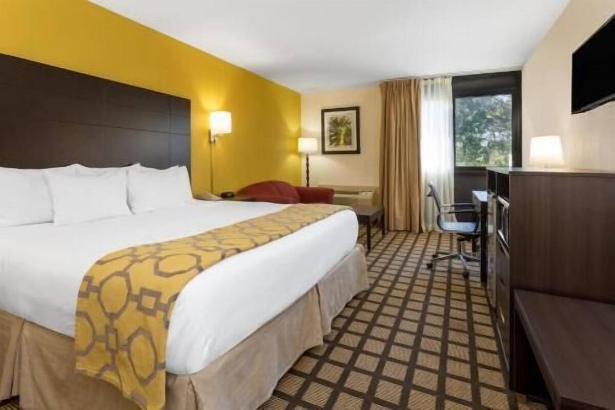 Ein Hotelzimmer mit einem großen Bett, einem Schreibtisch, einem Sessel, einem Fernseher und einem Fenster mit Vorhängen.