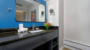 Une salle de bain moderne avec un plan de toilette noir, un lavabo blanc et un grand miroir.