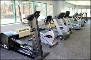 A row of stationary exercise bikes in a gym with large windows.