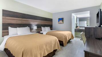 Premium bedding, desk, blackout drapes, iron/ironing board