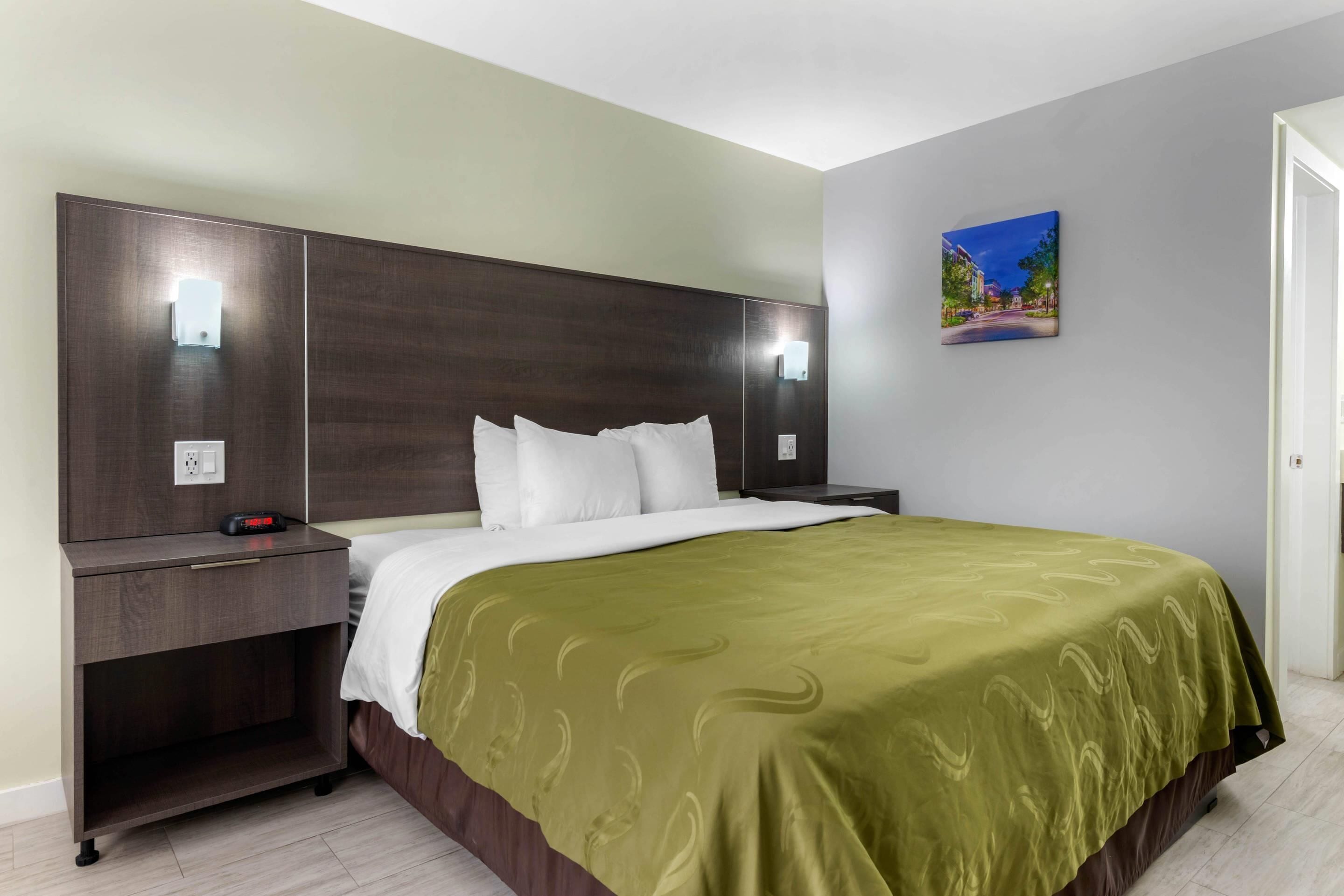 Premium bedding, desk, blackout drapes, iron/ironing board