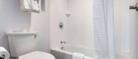 A bathroom with a toilet, a bathtub, and a shower.