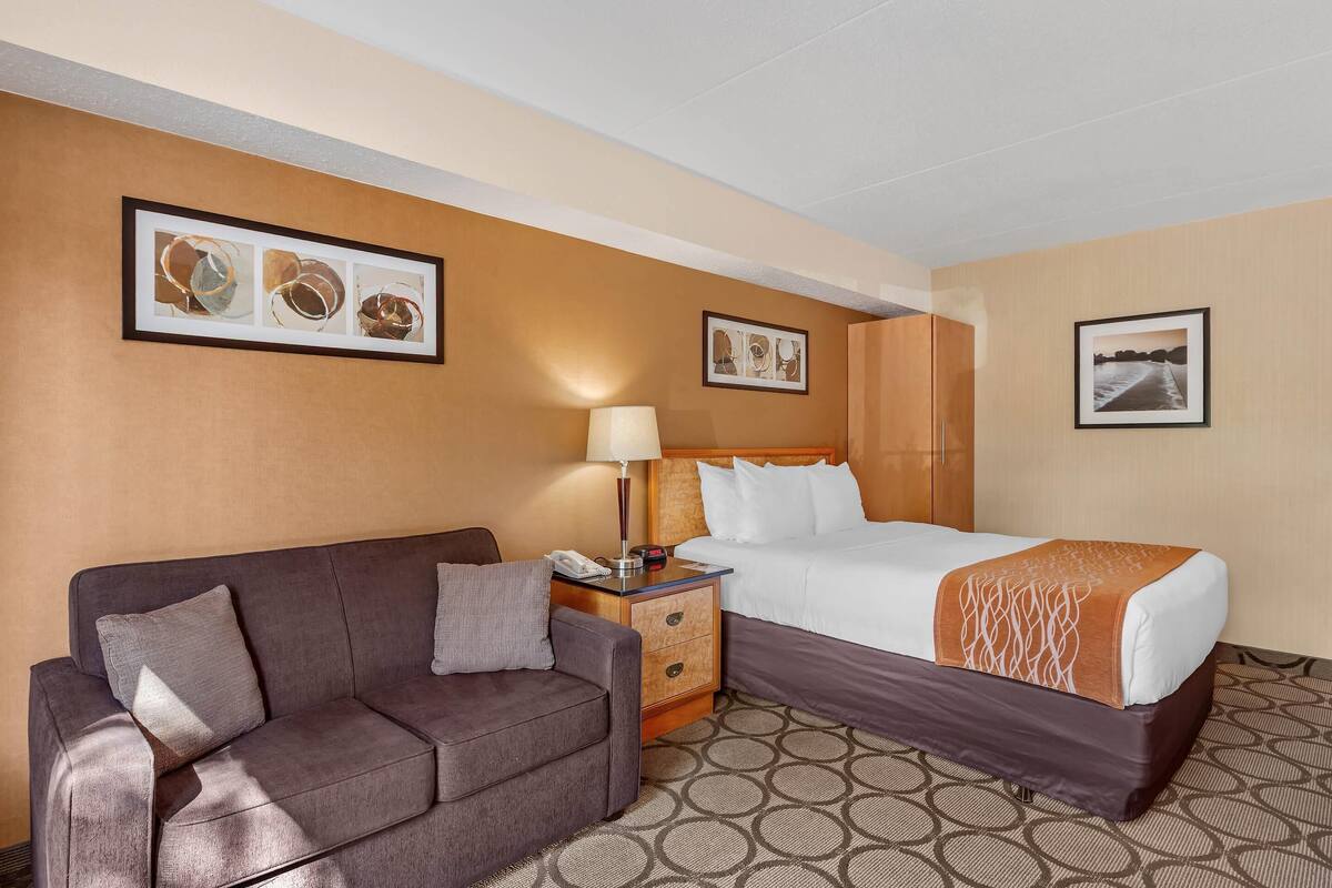 A hotel room with a sofa, a bed, a nightstand, and two framed pictures on the wall.
