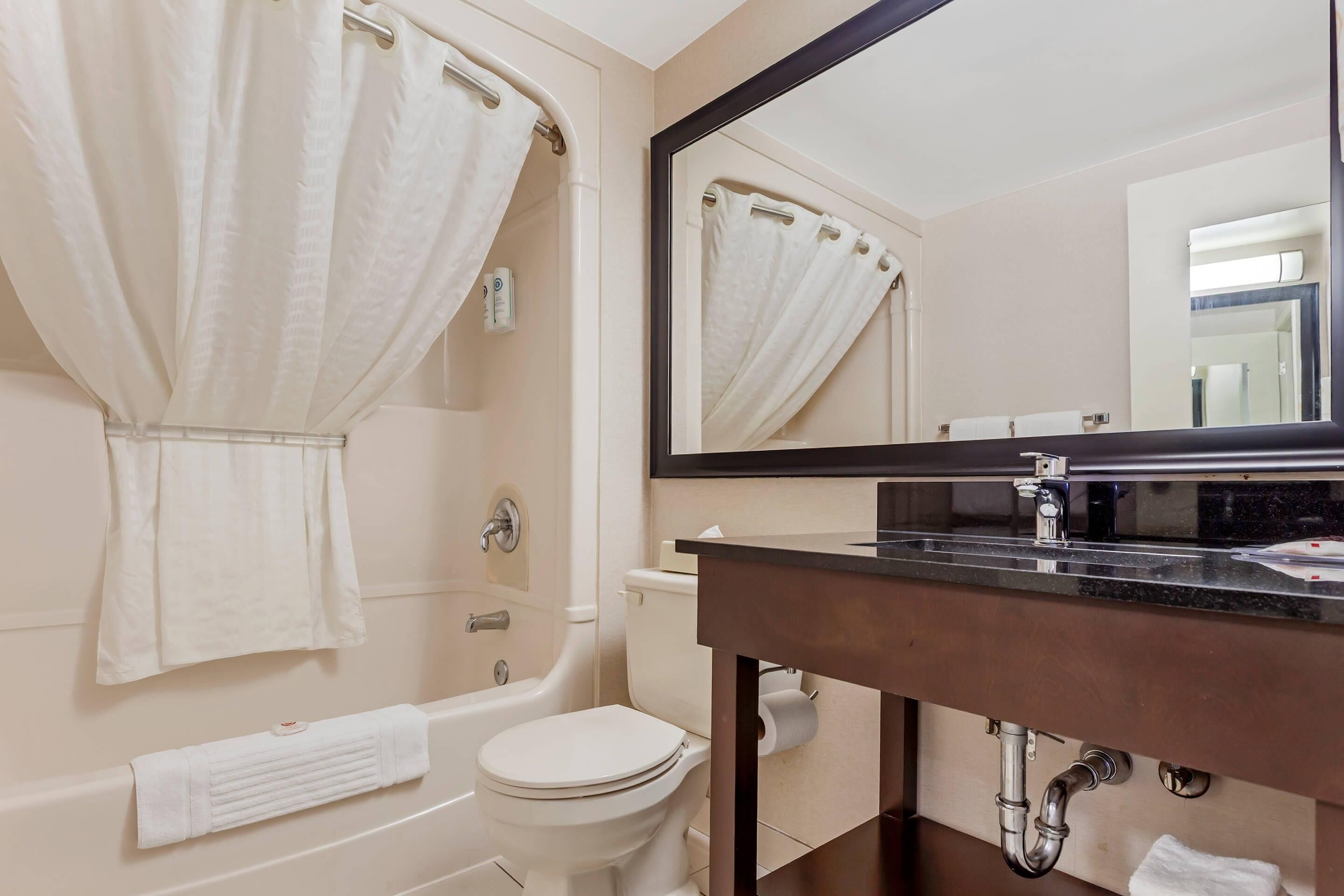 A modern bathroom with a bathtub, toilet, and a large mirror above the sink.
