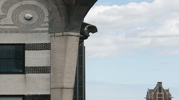 Um edifício com um design arquitetônico marcante, apresentando uma grande estrutura metálica curva na esquina.