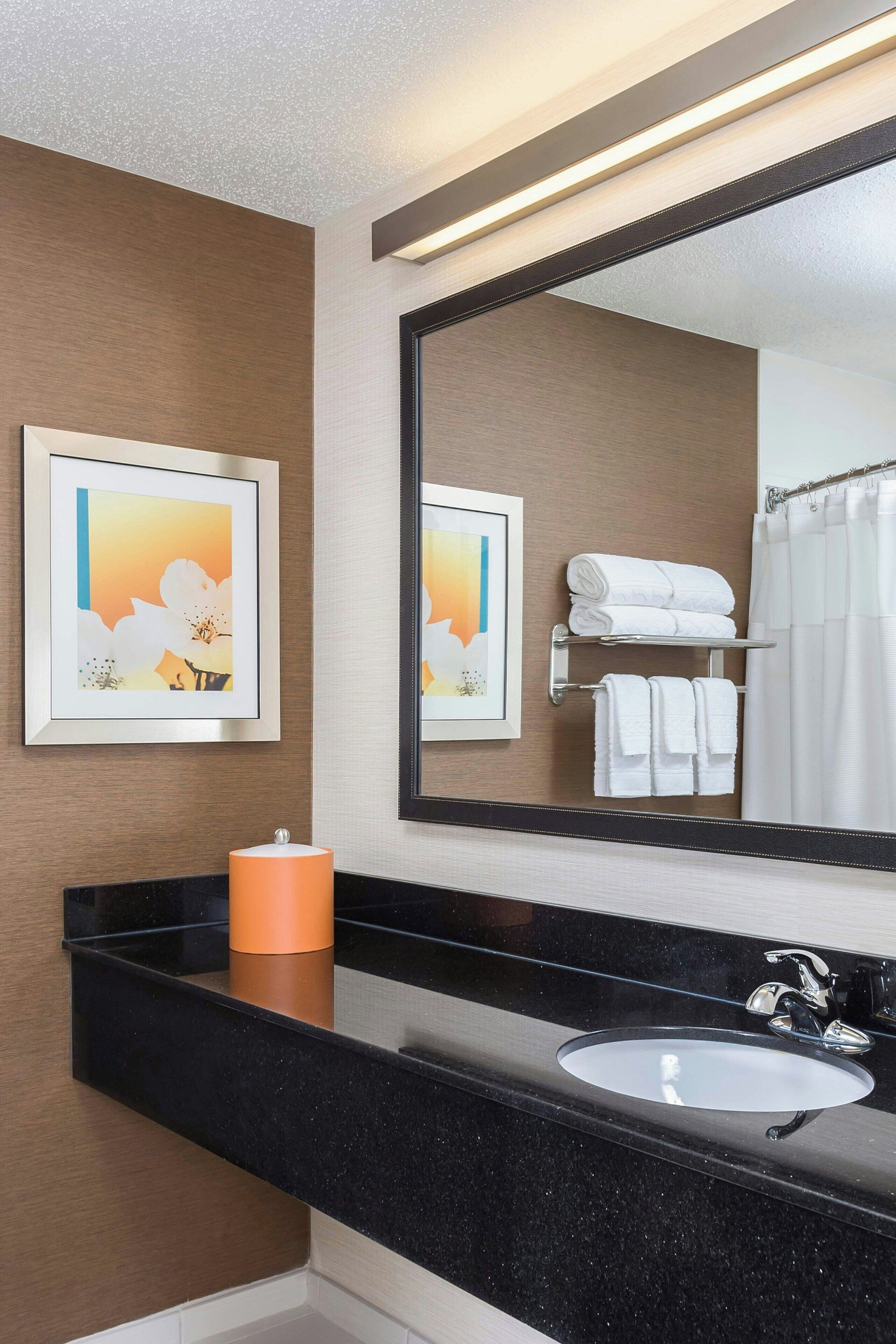 combined shower/bathtub, free toiletries, hair dryer, towels