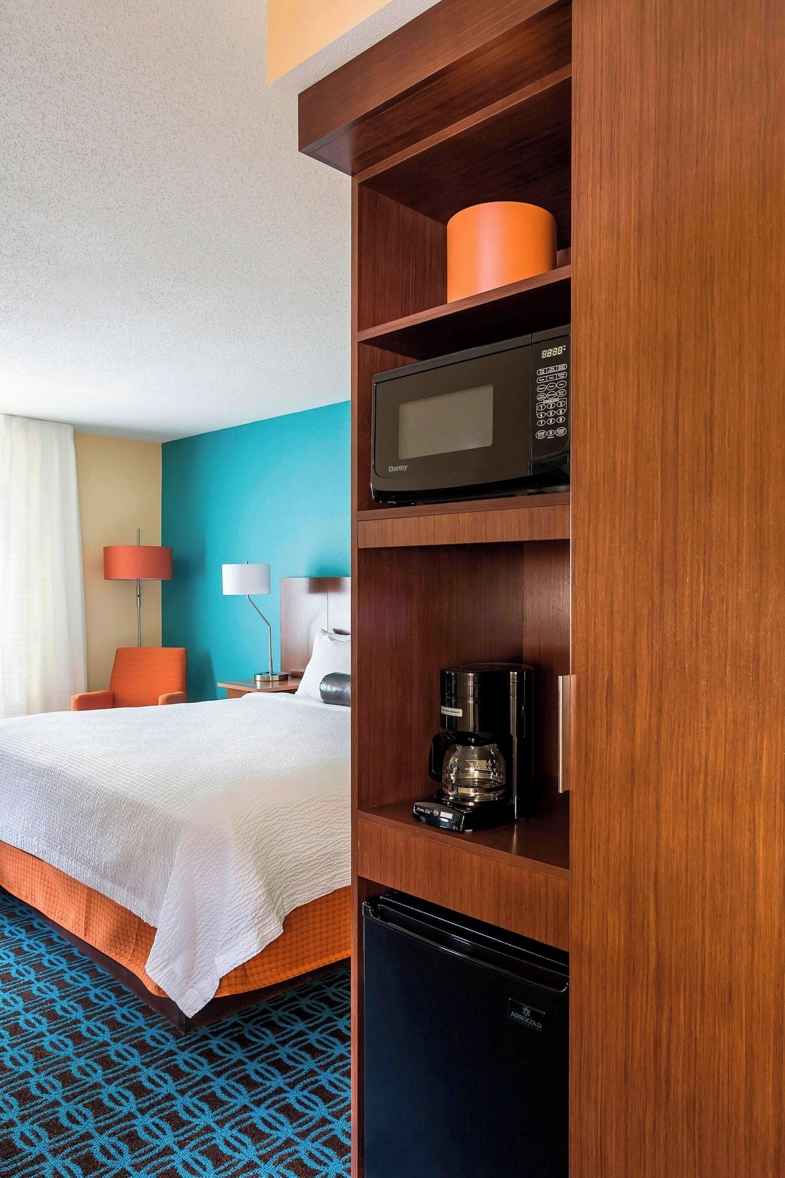 hypo-allergenic bedding, desk, blackout curtains, iron/ironing board