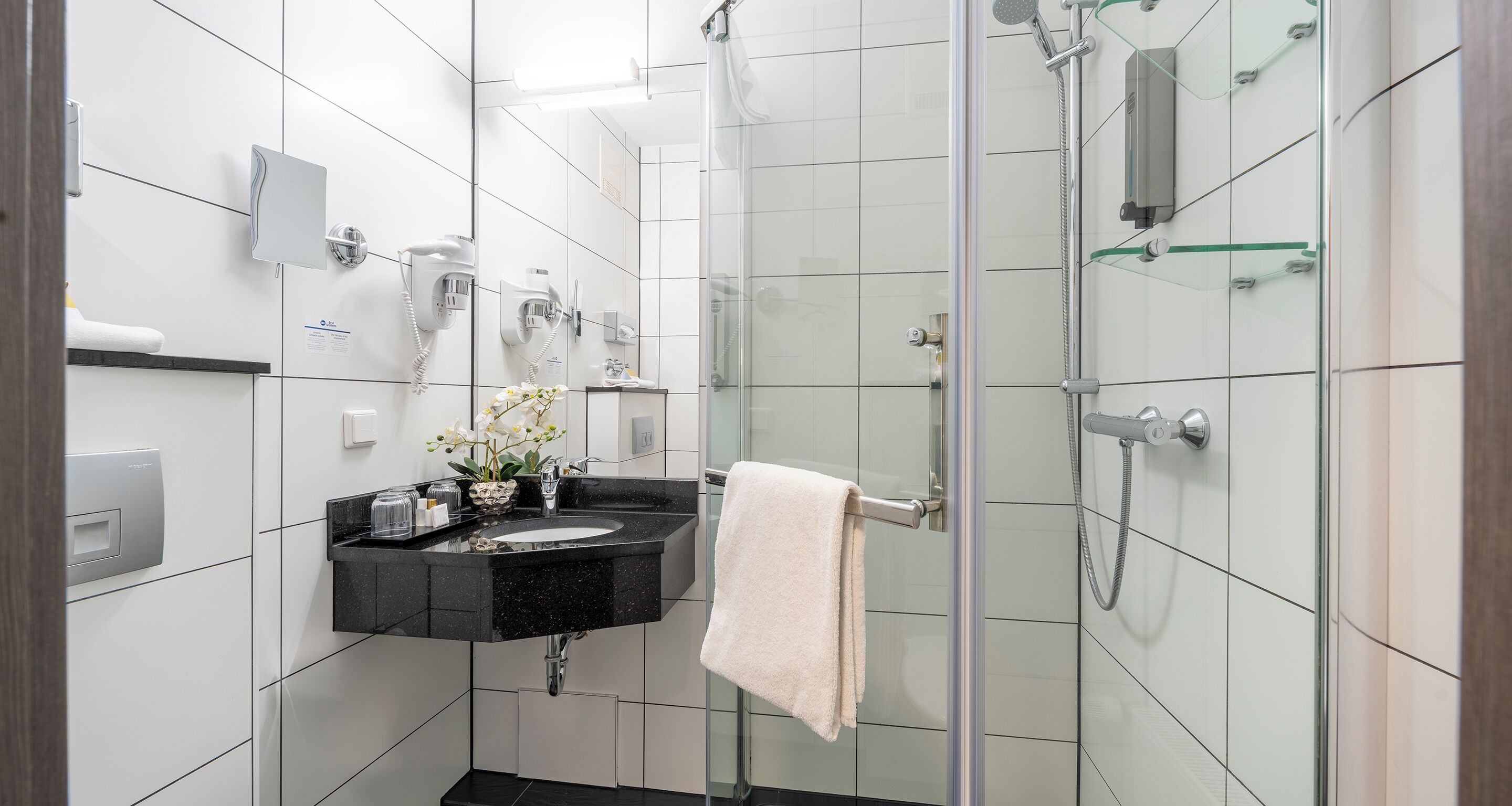 Un baño moderno con ducha de vidrio, un lavabo negro y una toalla blanca, además de una pequeña planta en maceta.