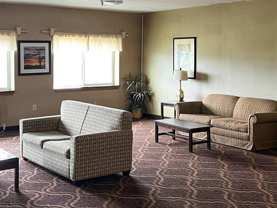 A living room with two armchairs, a coffee table, a floor lamp, and a potted plant.