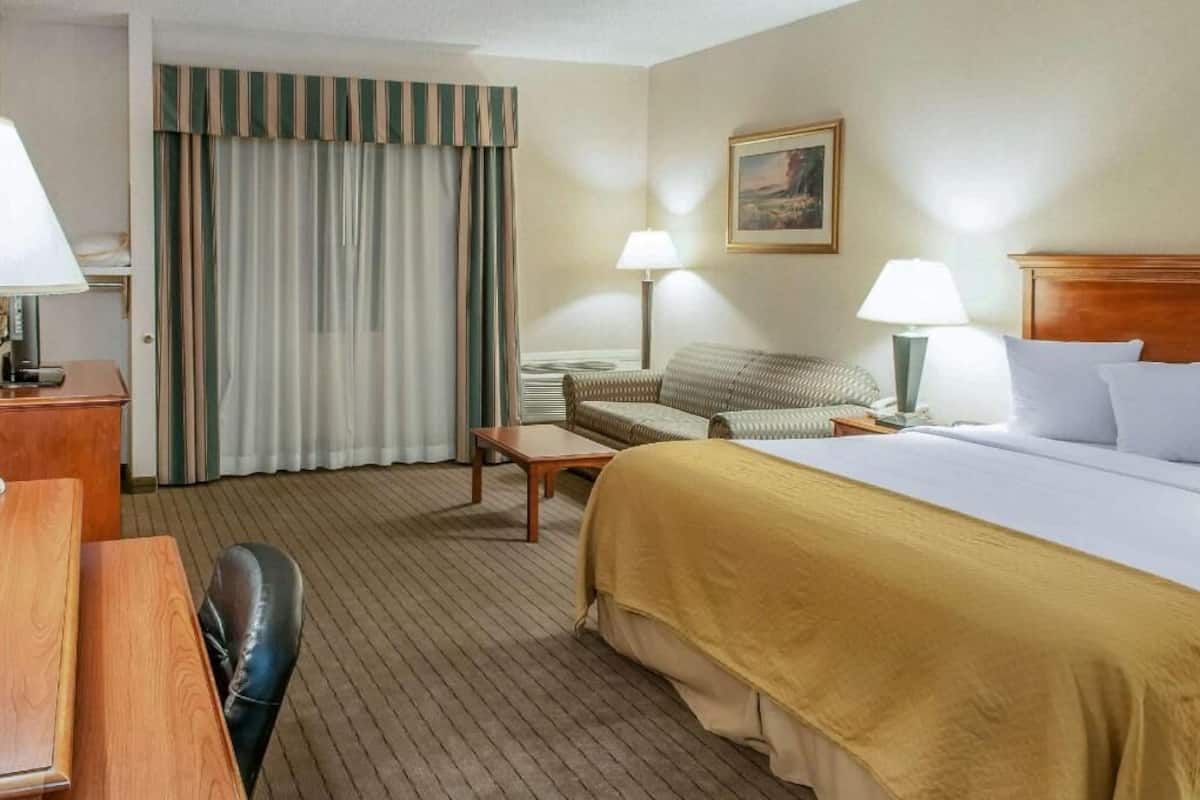 A hotel room with a bed, a desk, a chair, a sofa, a lamp, and a painting on the wall.