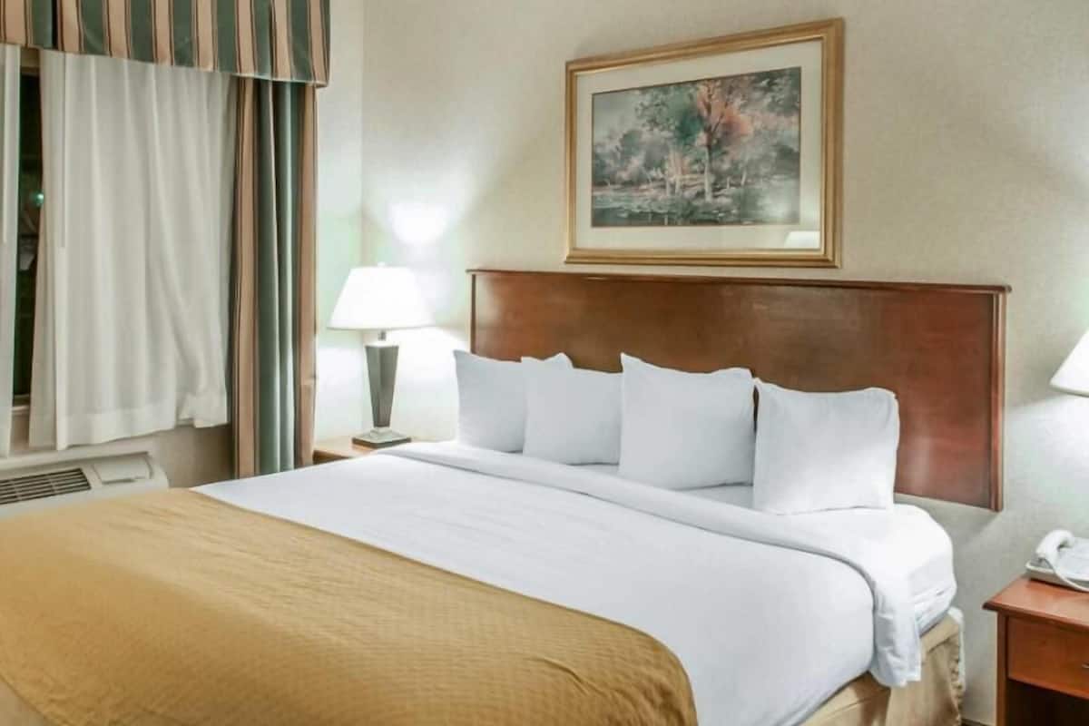 A hotel room with a bed, a nightstand, a lamp, a painting on the wall, and a window with curtains.