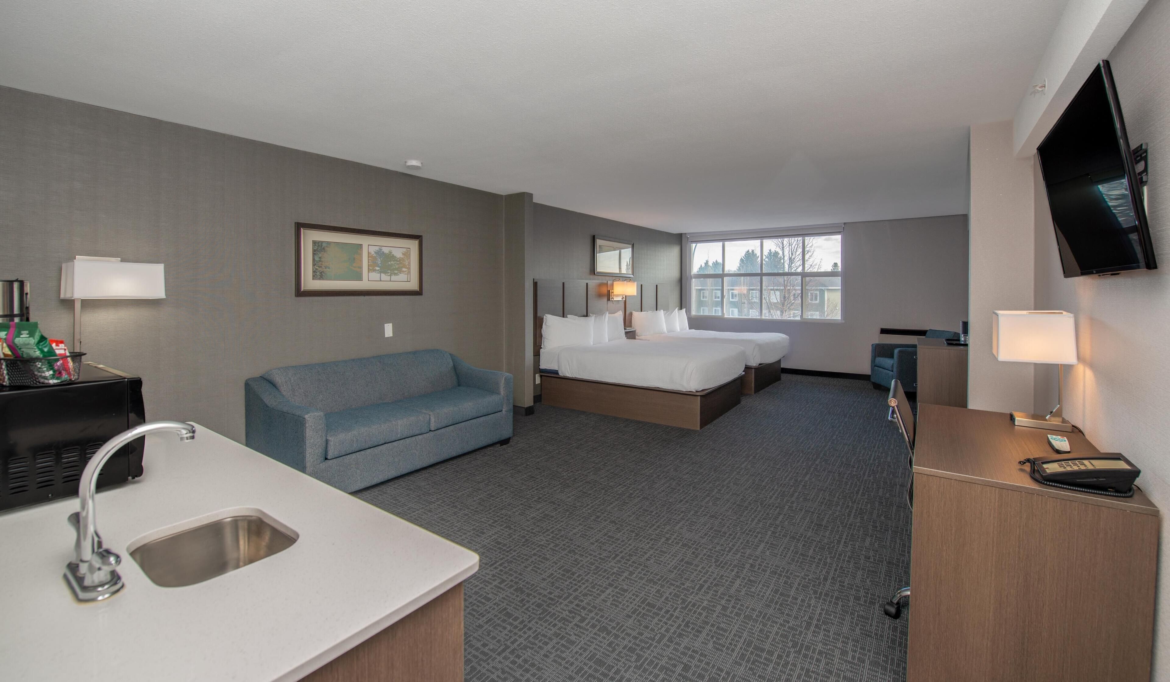 A hotel room with a bed, a sofa, a desk with a lamp, a TV, and a window.