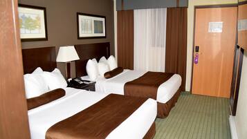 Premium bedding, down comforters, desk, blackout drapes