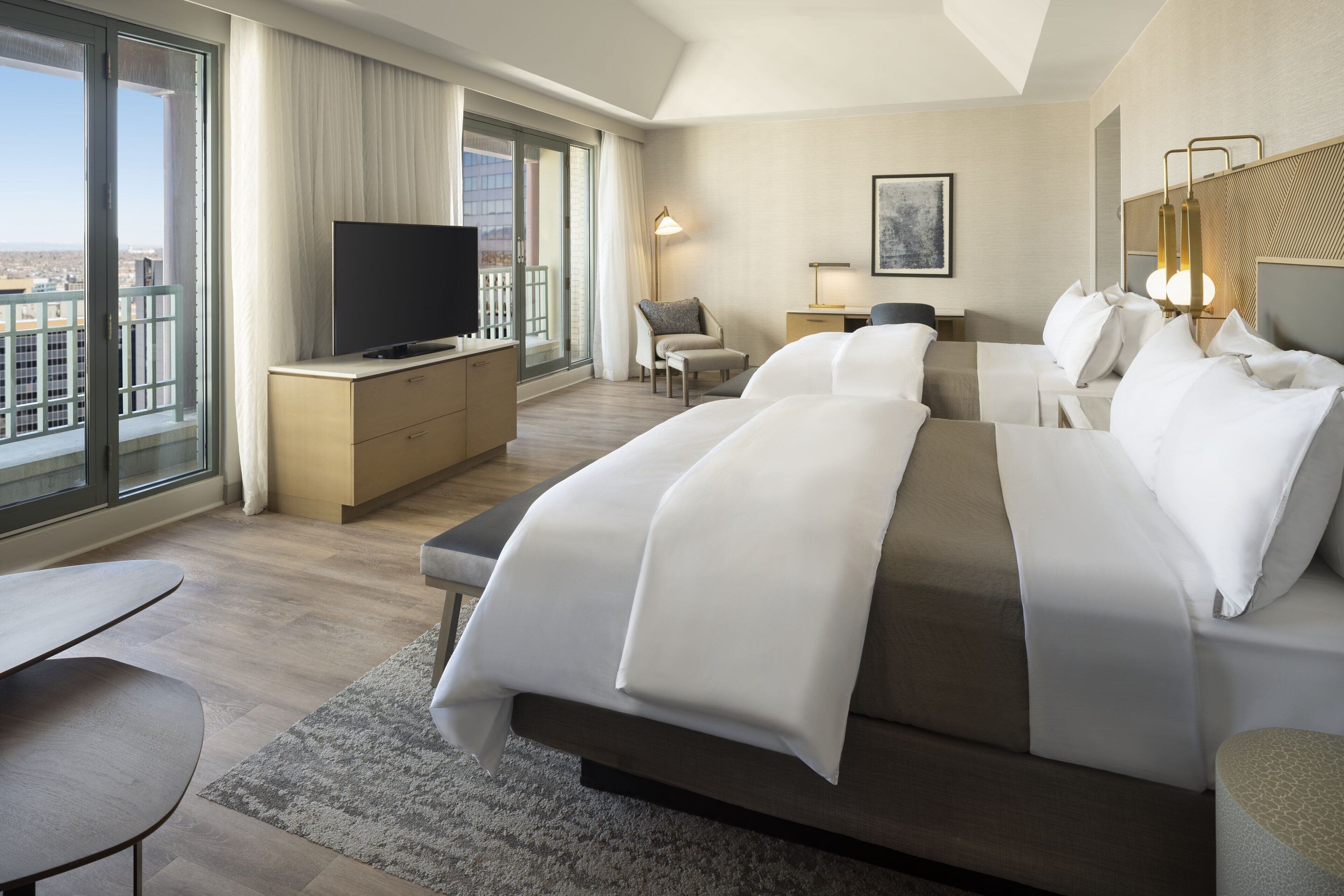 luxury suite, 2 queen beds, mountain view | premium bedding, pillow-top beds, in-room safe, desk