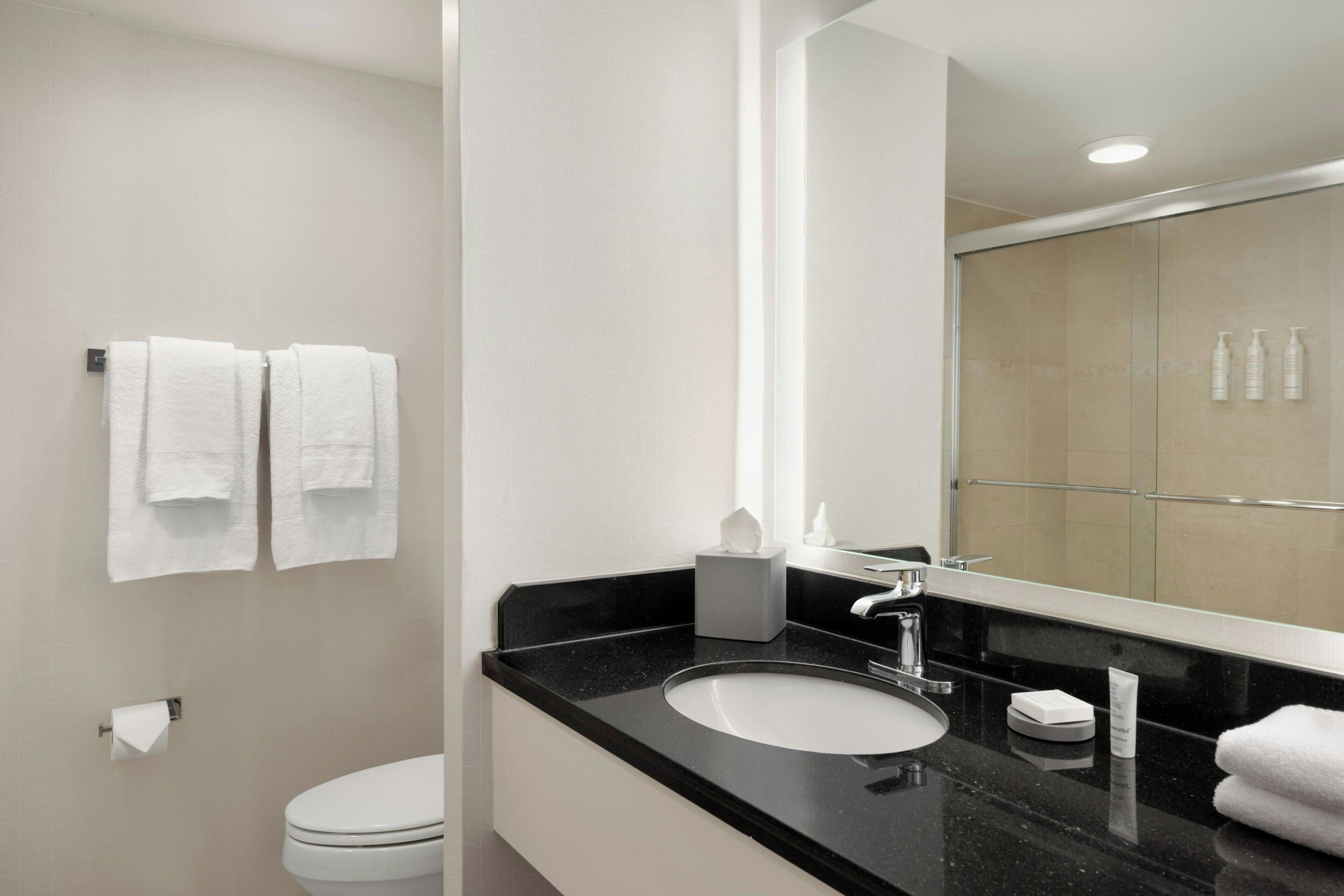 Uma casa de banho moderna com bancada preta, lavatório branco e espelho grande. Há duas toalhas brancas penduradas num porta-toalhas, e um rolo de papel higiénico é visível.