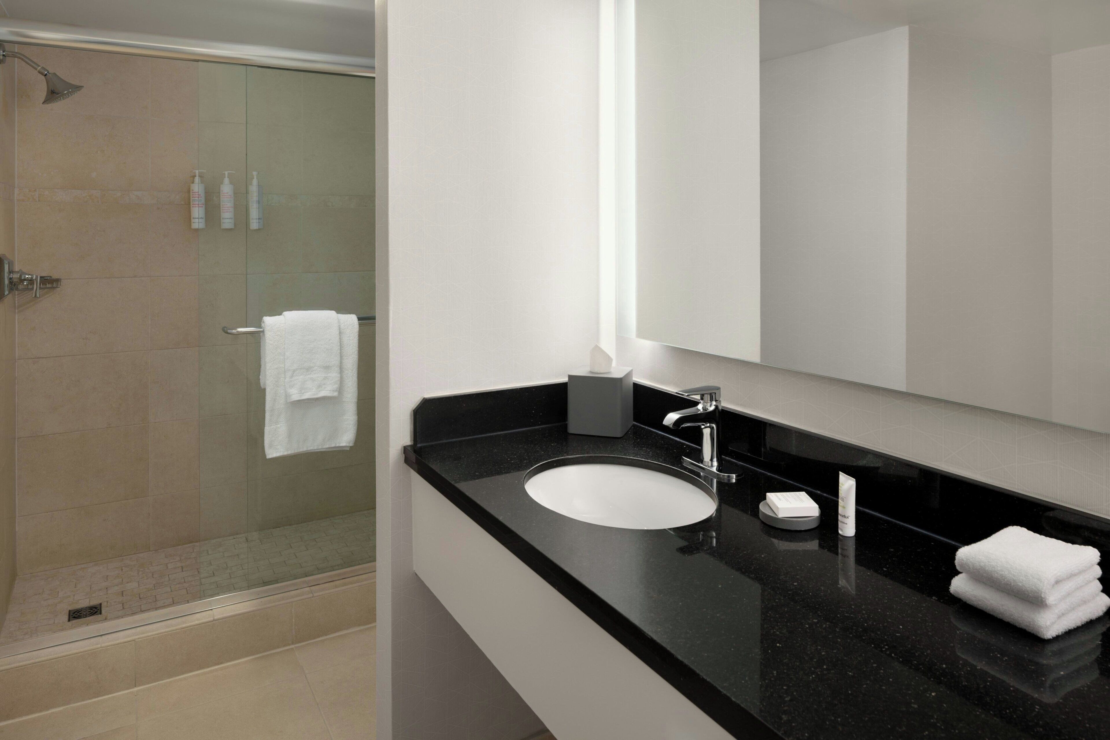 Une salle de bain moderne avec une douche à parois de verre, un lavabo blanc et un grand miroir.