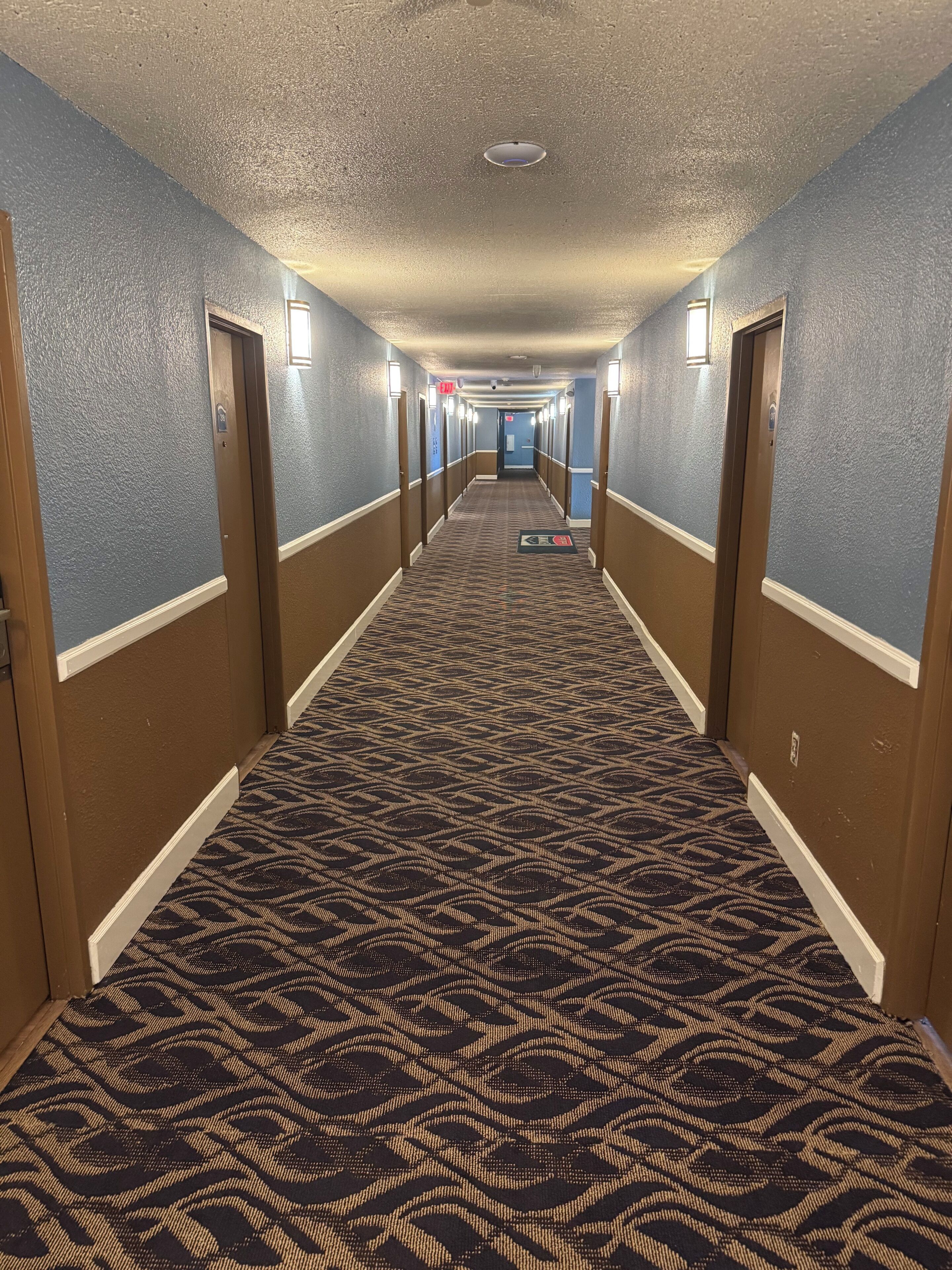 A hotel hallway with patterned carpet, blue walls, and doors on both sides.