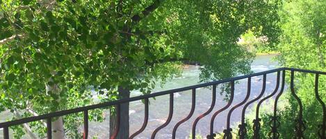 A balcony with a metal railing overlooking a river, surrounded by lush greenery.