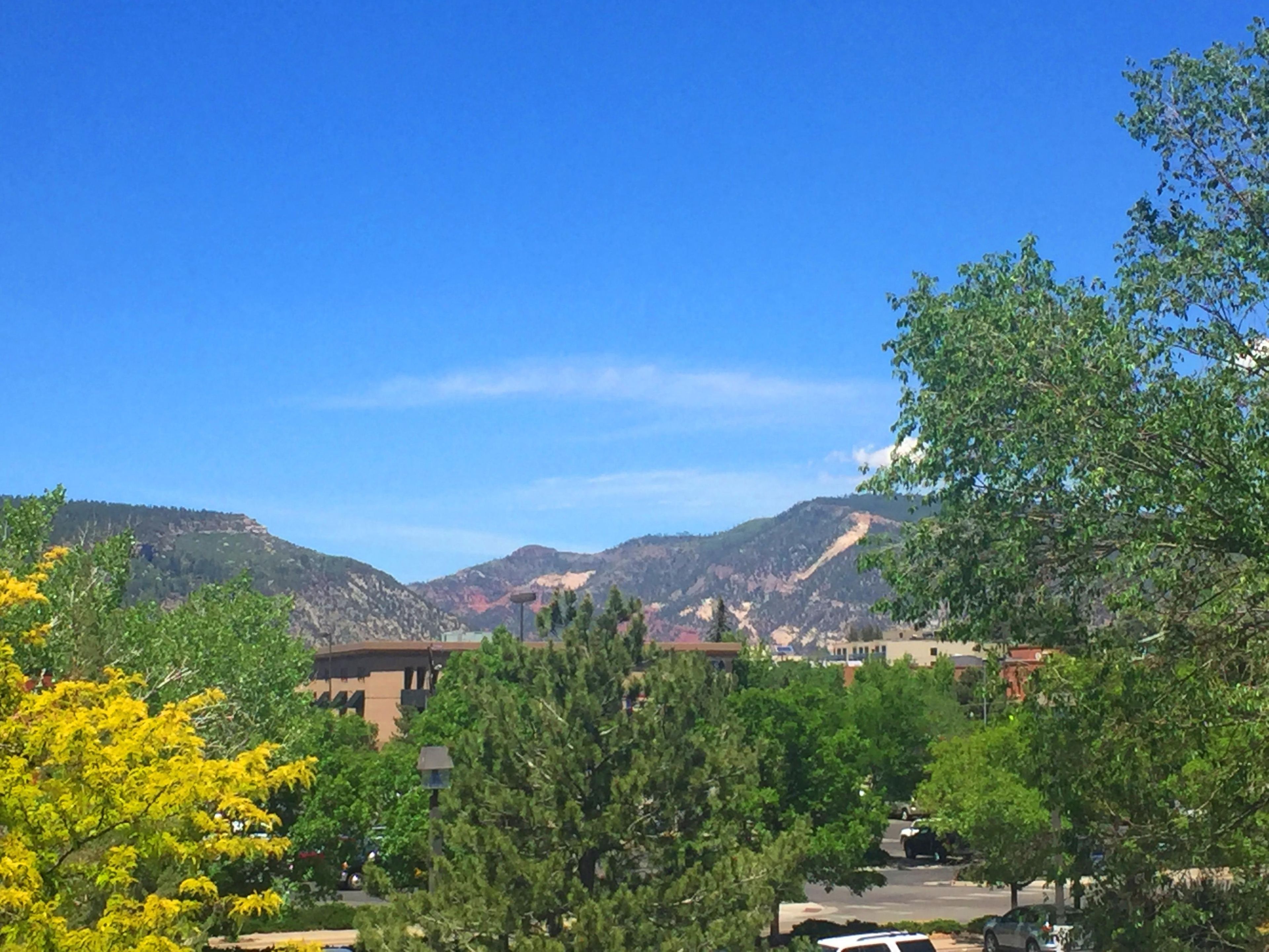 A residential area with a mountain backdrop, trees, and a clear sky.