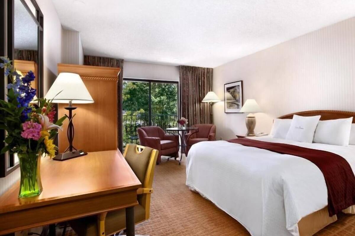 A hotel room with a bed, desk, chairs, and a view of greenery.