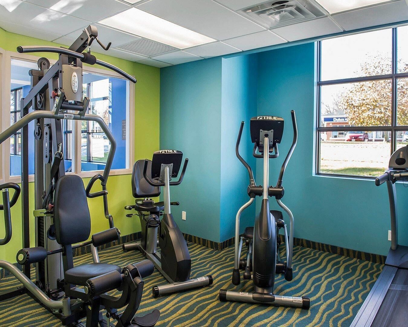 A gym with exercise equipment, large windows, and a patterned carpet.