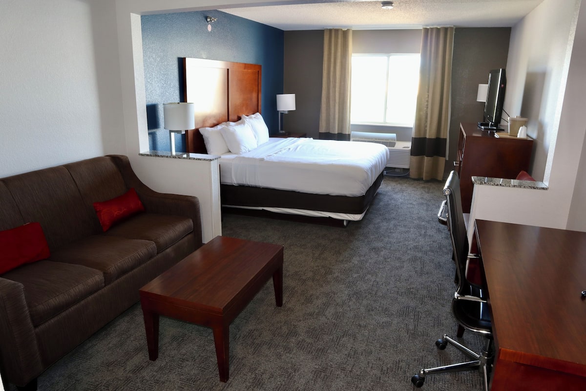 A hotel room with a bed, a sofa, a desk, and a TV.