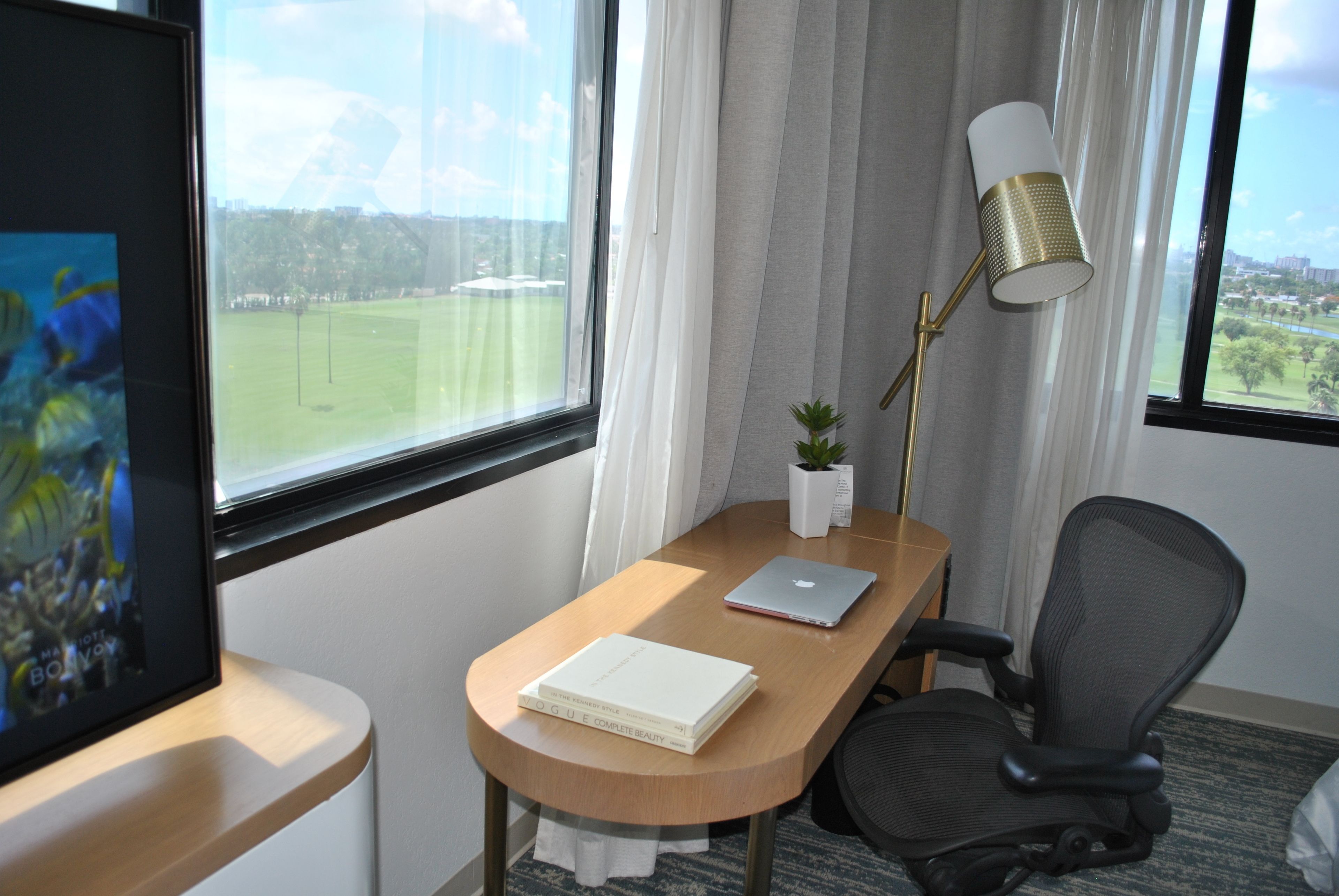 Une chambre d’hôtel équipée d’un bureau, d’un ordinateur portable, d’une chaise, d’une lampe et d’un tableau encadré.