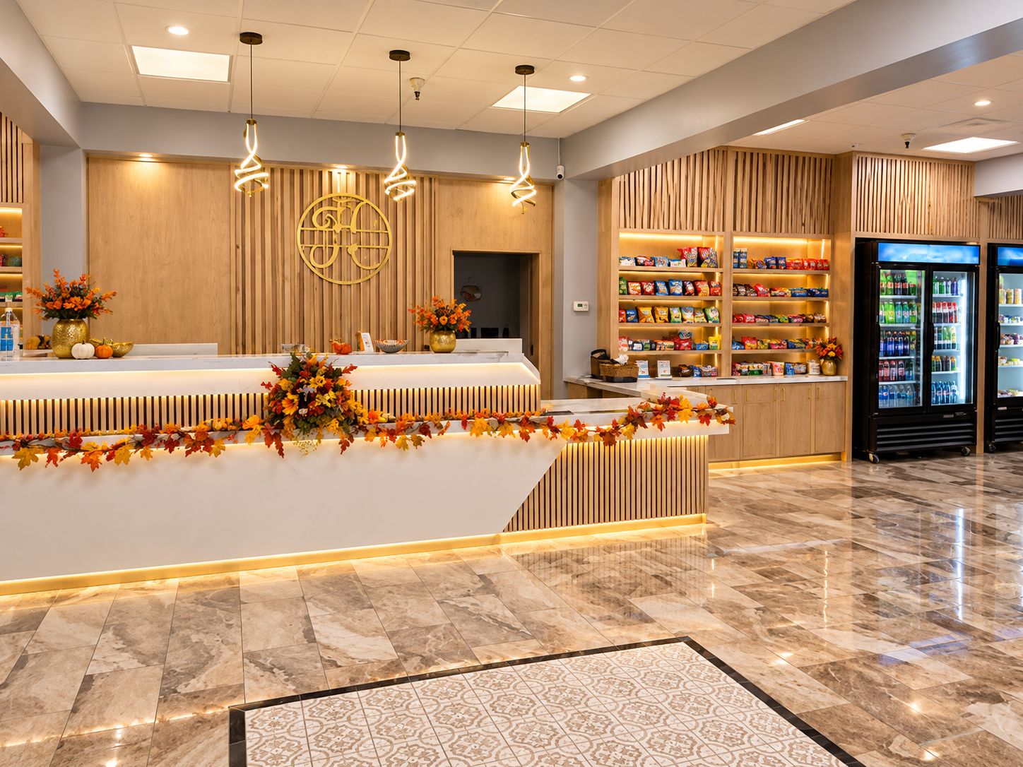 A hotel reception area with a marble floor, a reception desk, a large decorative wall with a circular emblem, and a snack bar with refrigerated drinks.
