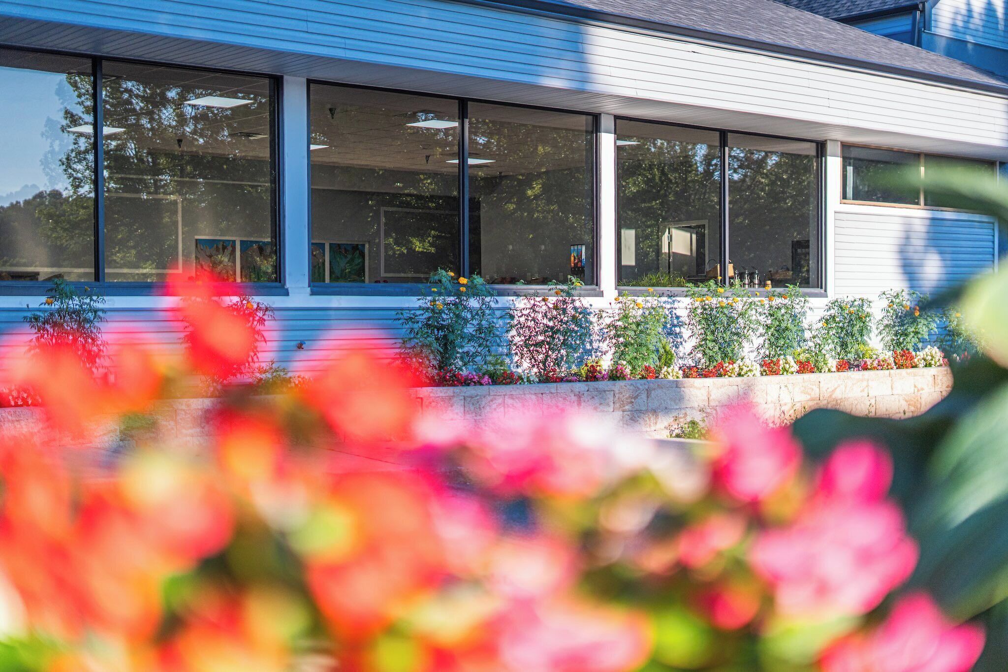 A modern building with large windows and a well-maintained garden with colorful flowers.