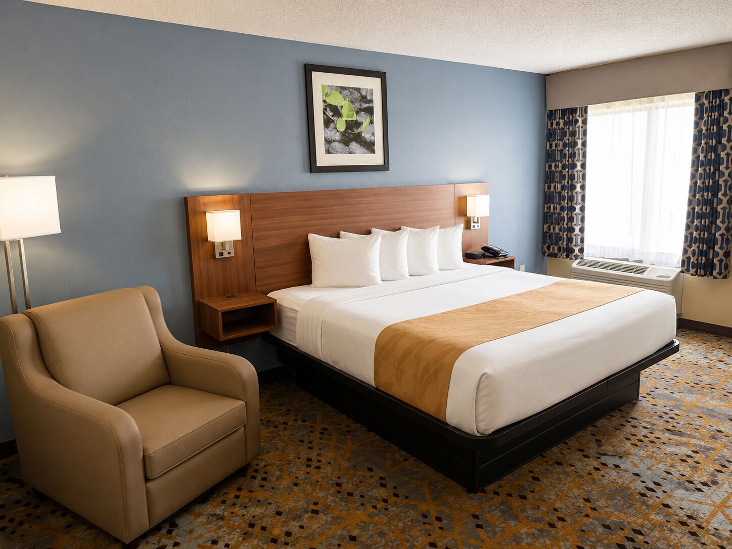 Premium bedding, desk, blackout curtains, iron/ironing board