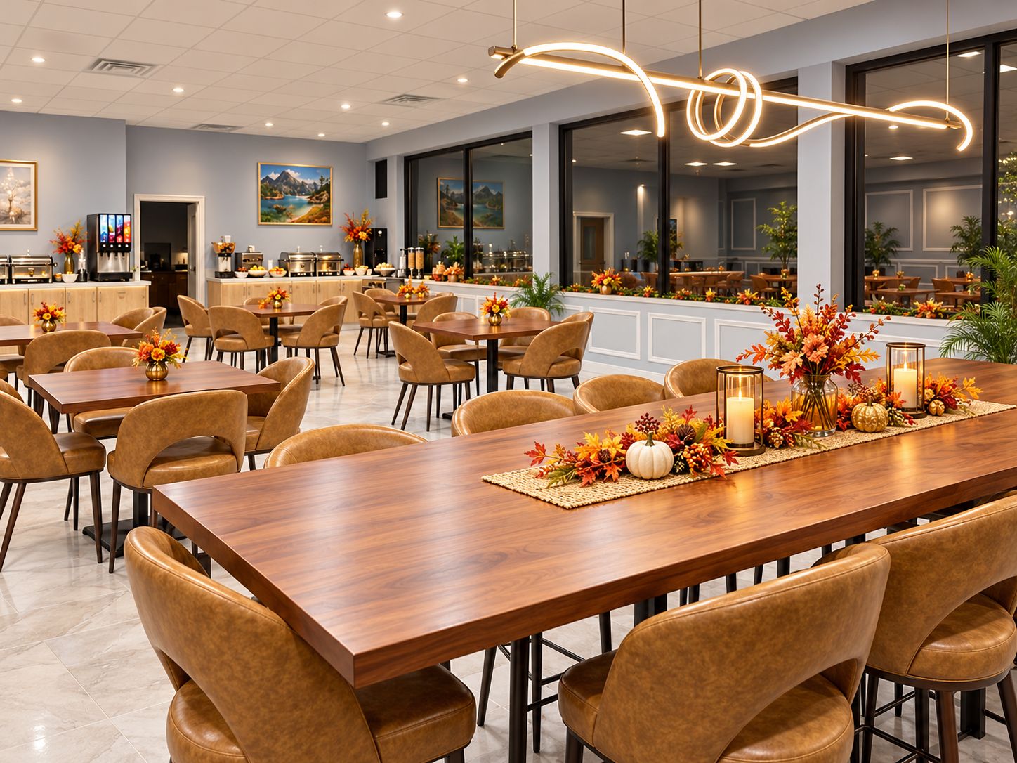 A spacious dining area with multiple tables and chairs, a long wooden table with a centerpiece, and a kitchen area in the background.