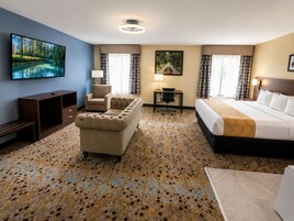 Una habitación de hotel con cama, sofá, escritorio y televisión.