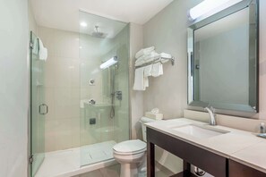 A modern bathroom with a glass-enclosed shower, a white toilet, and a large mirror above the sink.