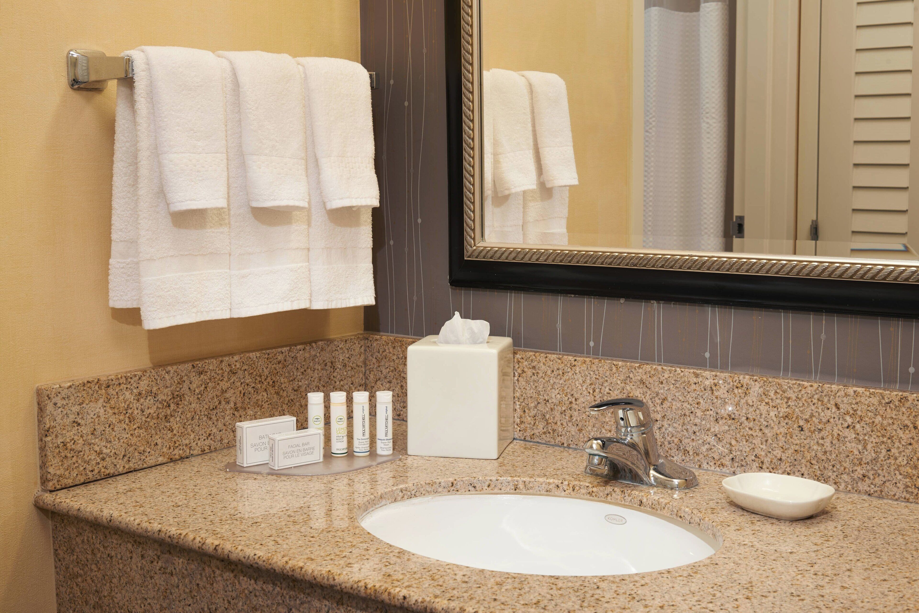 combined shower/bathtub, free toiletries, hair dryer, towels