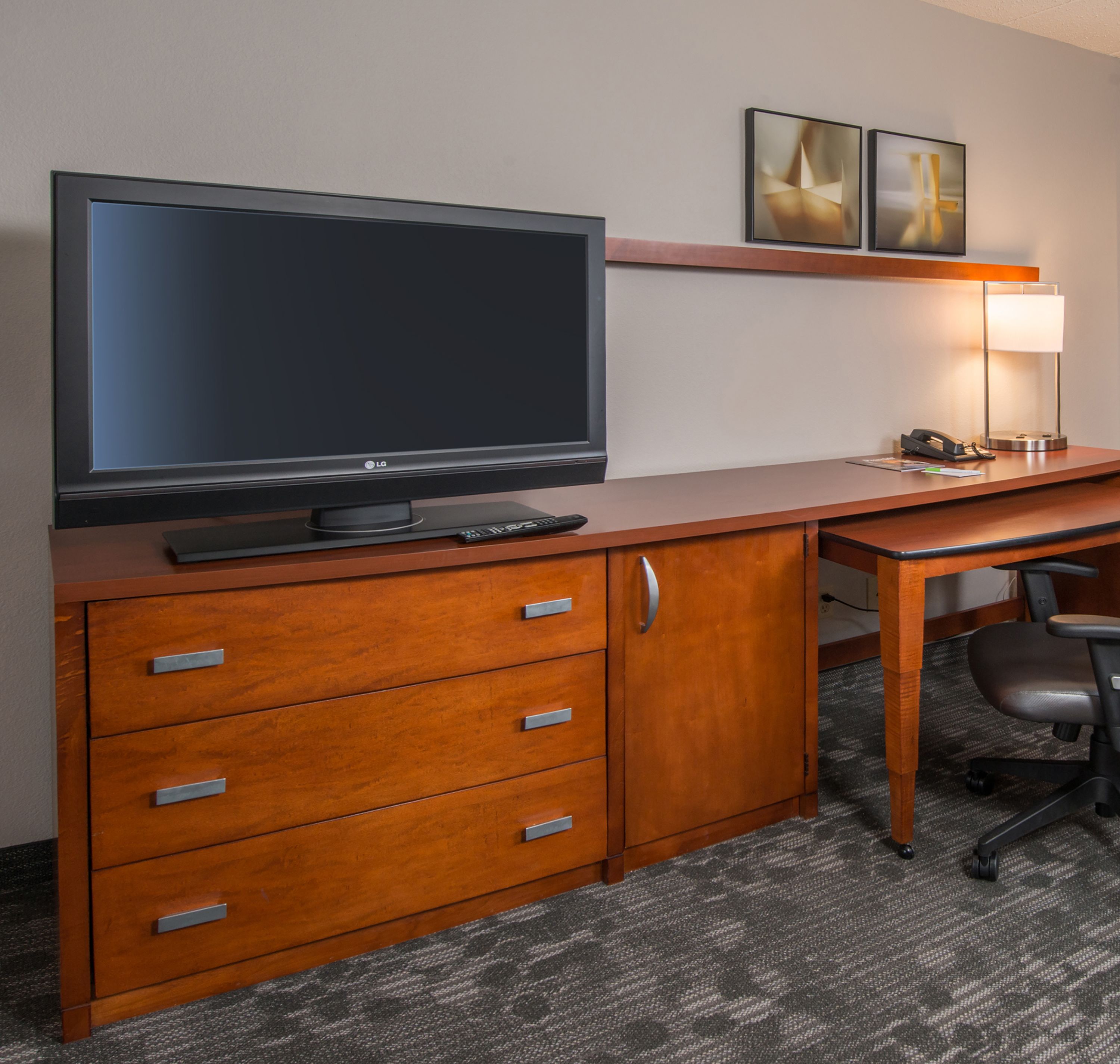 premium bedding, desk, laptop workspace, blackout curtains