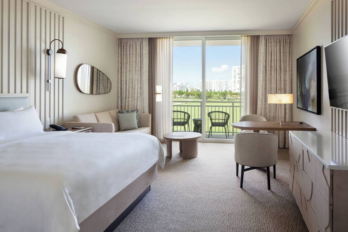 A hotel room with a large bed, a desk, a chair, a TV, and a balcony with a view of the city.