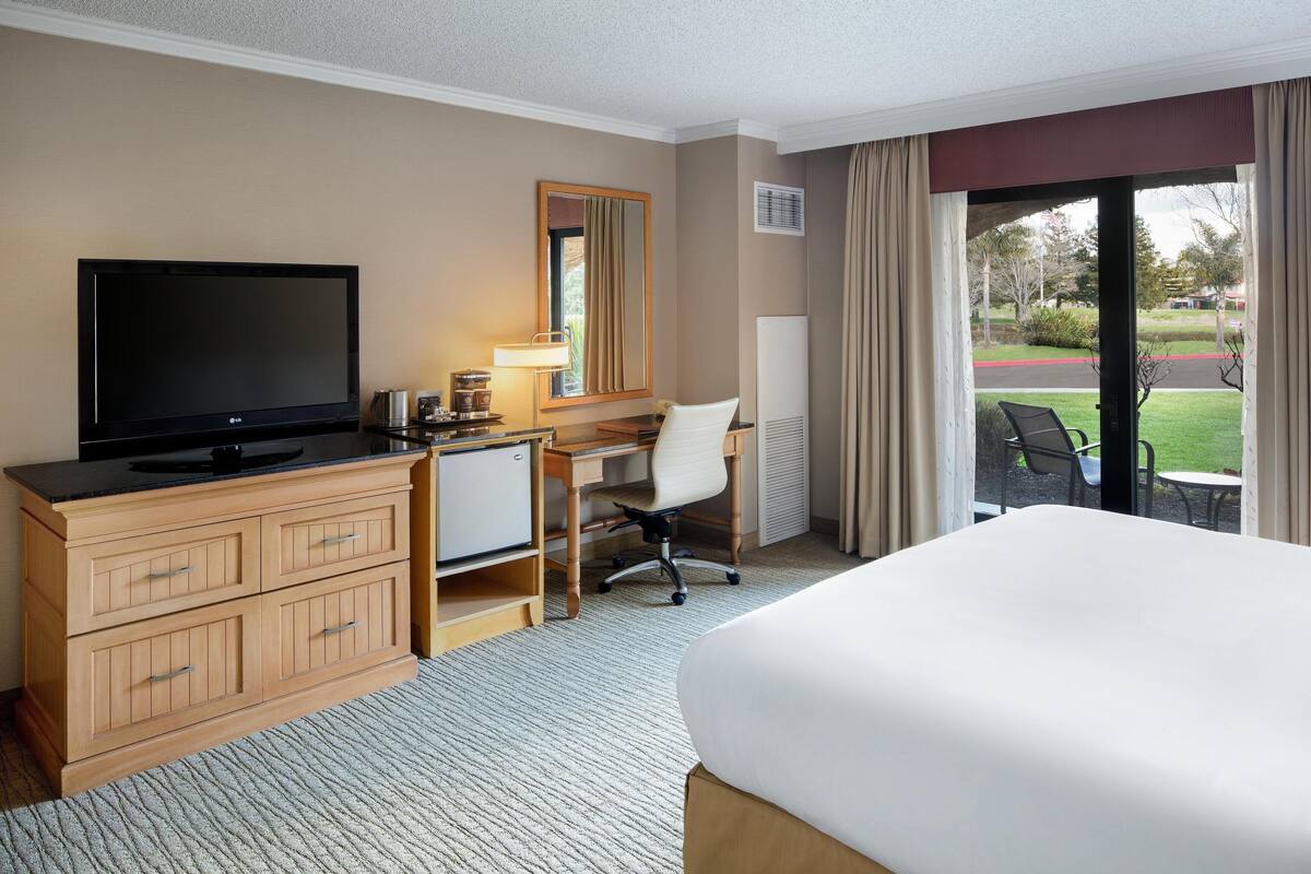 Une chambre d’hôtel comprenant un lit, un bureau avec une chaise, une télévision, une commode et une vue sur l’extérieur grâce à une porte coulissante.